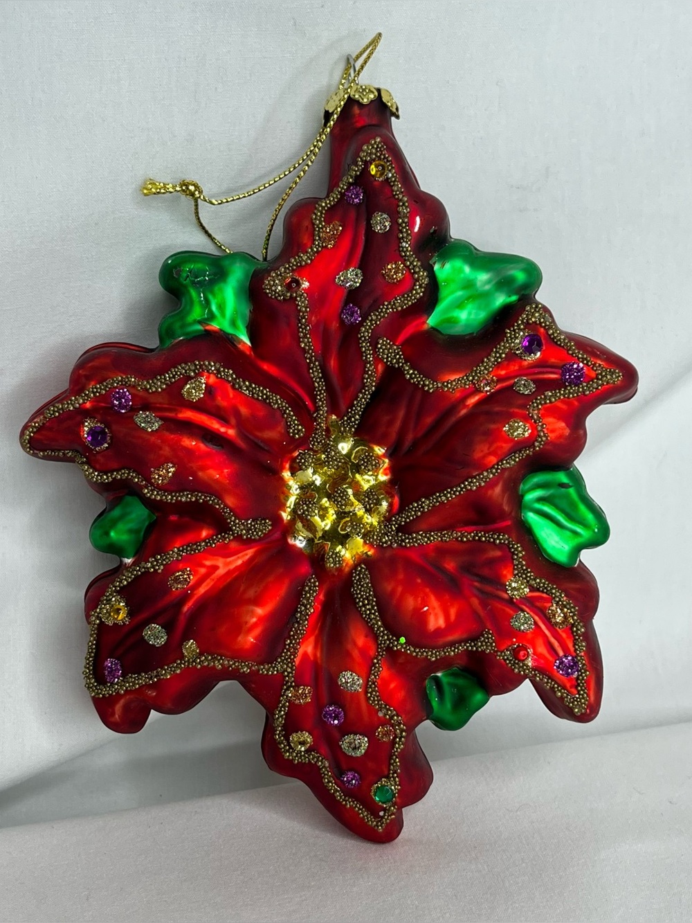 Large Poinsettia Glass Christmas Ornament 5.5" Tall. Red & Green- Beaded Detail